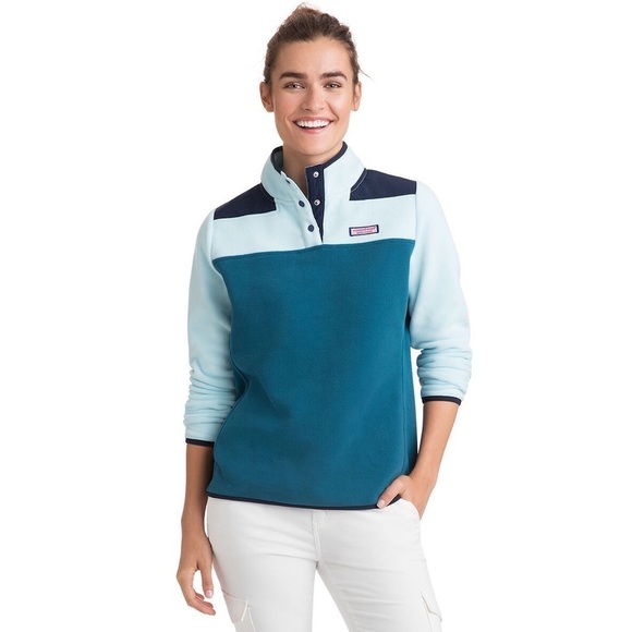 Vineyard Vines Color Block Fleece Snap Shep Shirt Teal Blue - Picture 1 of 12